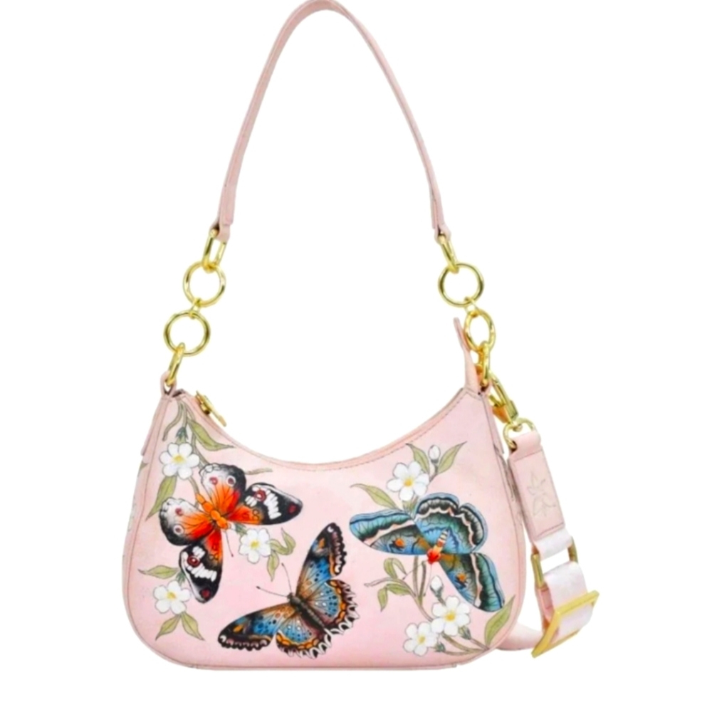 NWT Anuschka Small Convertible Leather Hobo - "Butterfly Melody" Hand painted